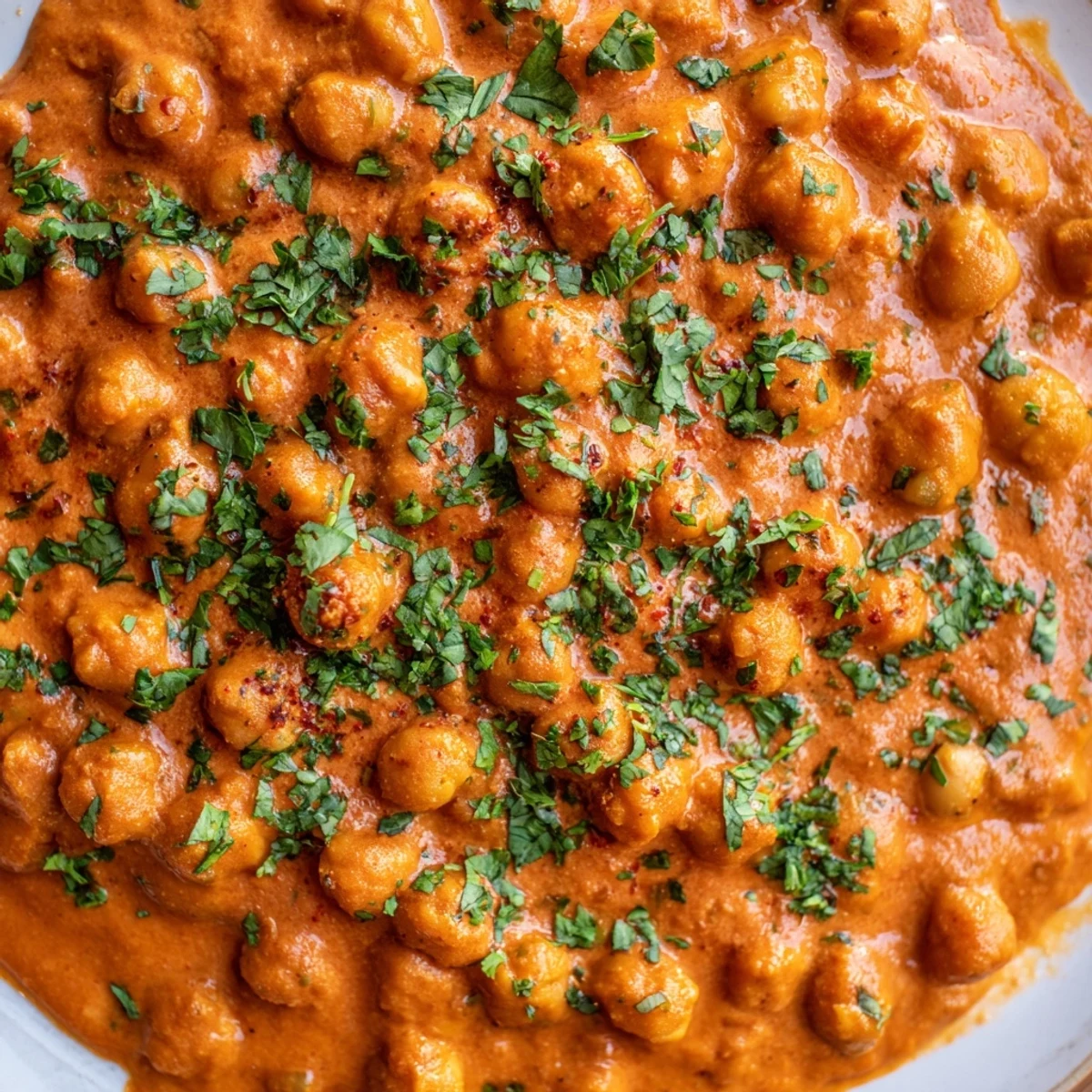 Warm Vegan Chickpea Tikka Masala with Rice, garnished with fresh cilantro and lemon wedges on a white plate.