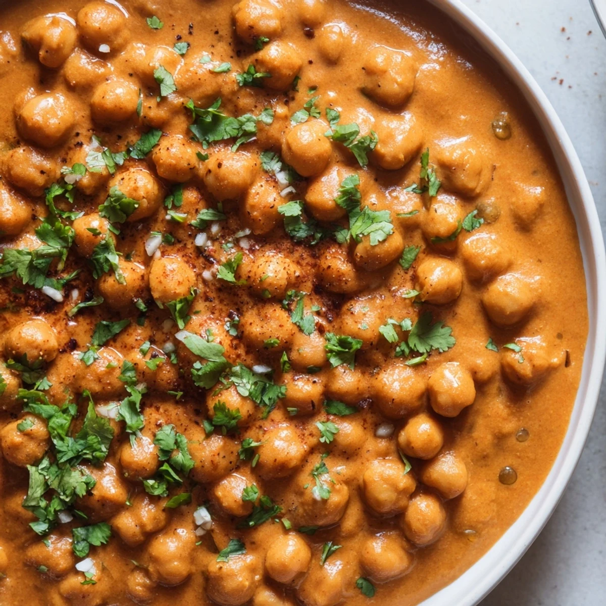 A fluffy bed of basmati rice topped with creamy, spiced chickpea tikka masala and fresh cilantro garnish.