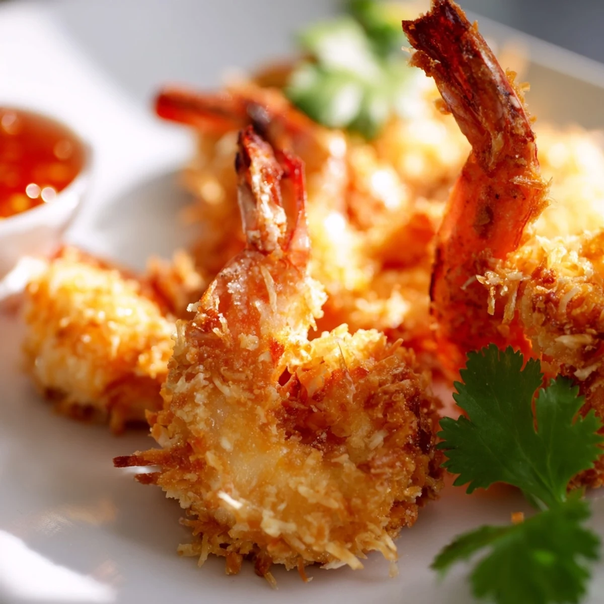 Crispy Coconut Shrimp with Sweet Chili Sauce on a white plate with lime wedges and fresh cilantro garnish, appetizer platter ready to serve.