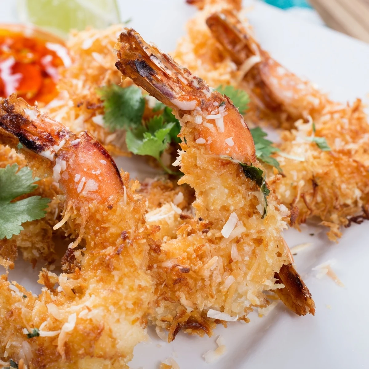 Golden fried Crispy Coconut Shrimp with Sweet Chili Sauce served on a platter with extra sauce for dipping, perfect party appetizer.