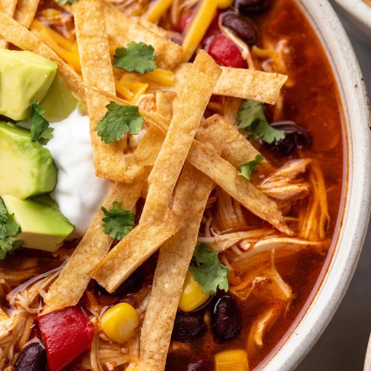 Homemade Chicken Tortilla Soup with Crispy Strips served in a white bowl garnished with fresh avocado and cilantro.