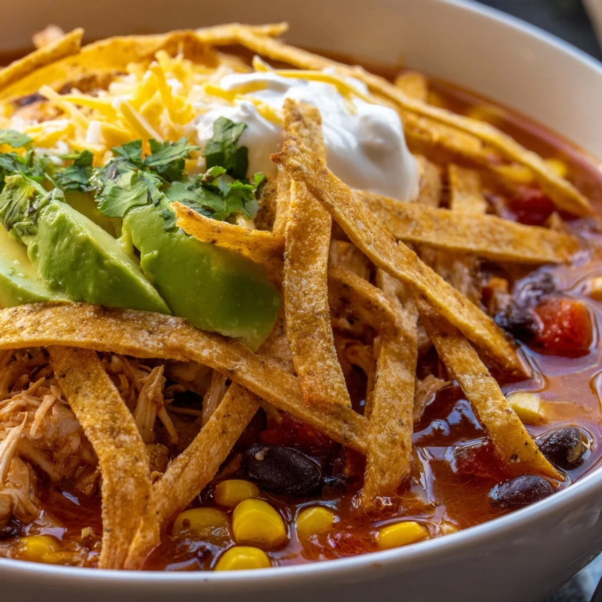 Chicken Tortilla Soup with Crispy Strips in a pot with diced onions and jalapeños next to a glass of white wine.