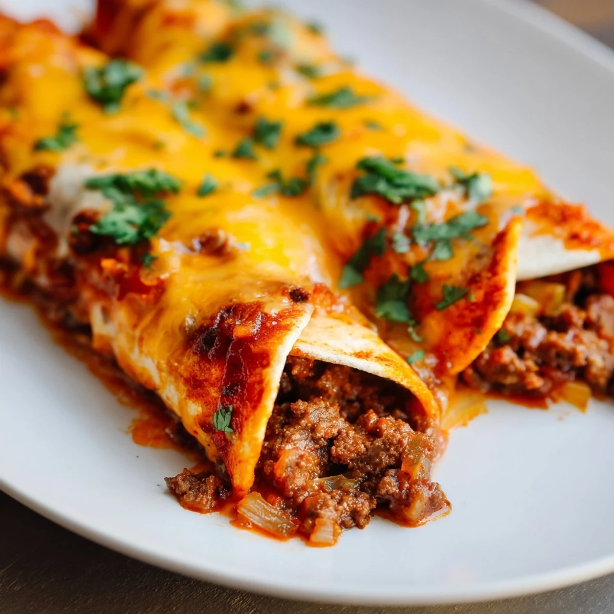 Freshly baked Beef Enchiladas with Red Enchilada Sauce, featuring gooey melted cheese and chopped cilantro garnish.