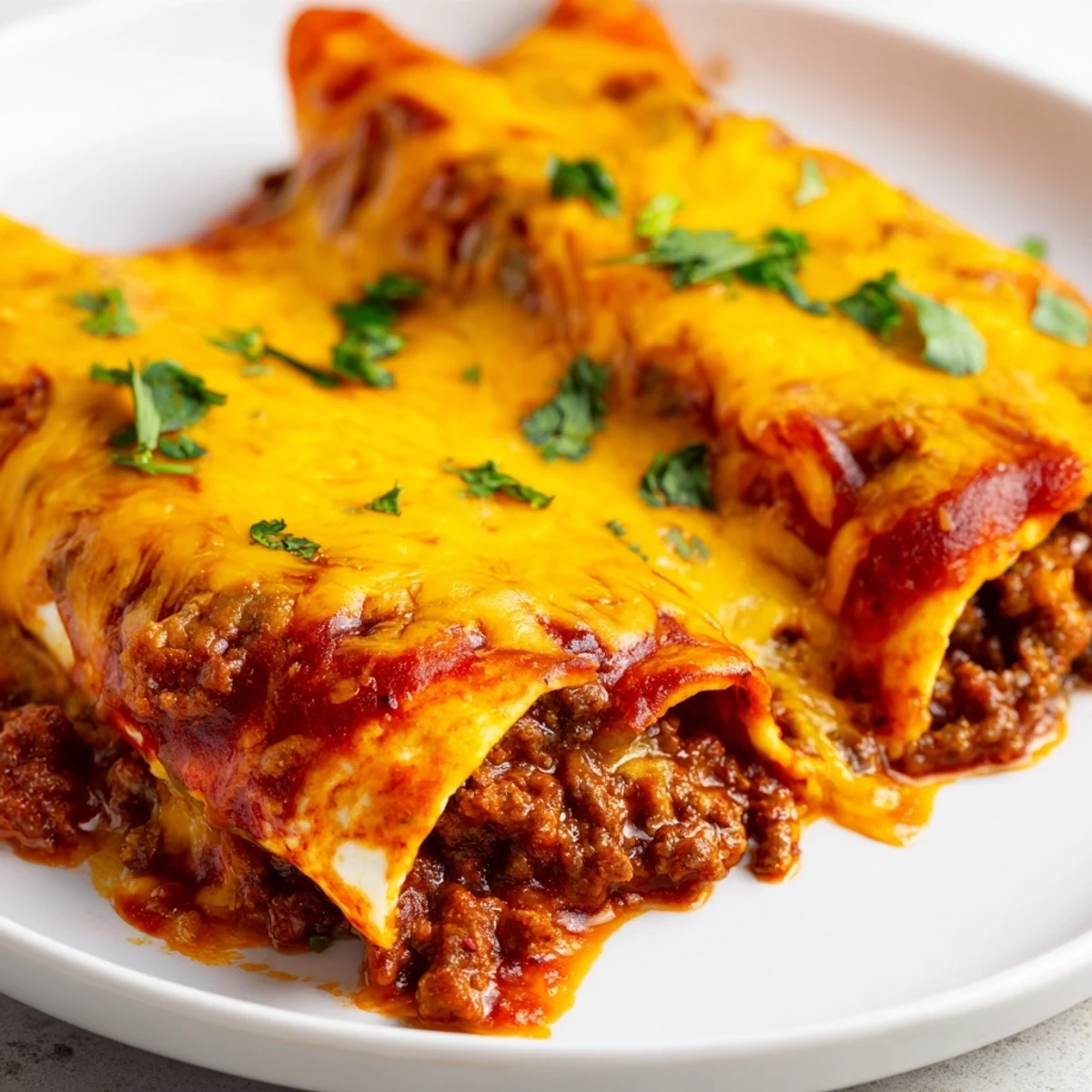 Soft flour tortillas stuffed with ground beef and Beef Enchiladas with Red Enchilada Sauce, ready to be served with guacamole.