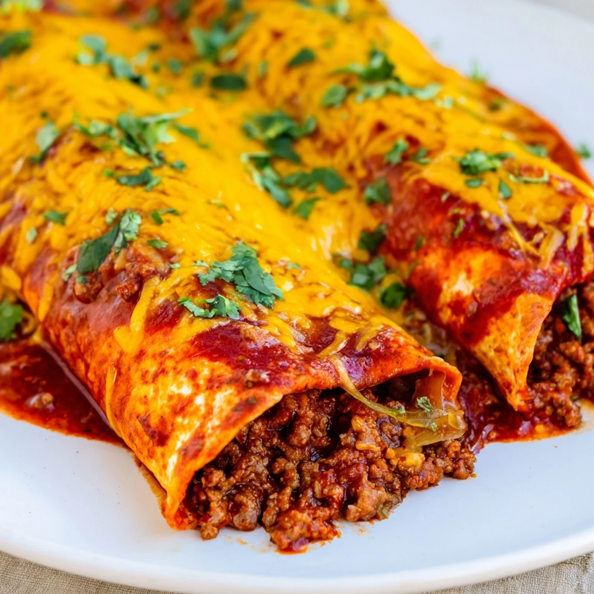 Beef Enchiladas with Red Enchilada Sauce are plated with a dollop of sour cream and served alongside fluffy Spanish rice.