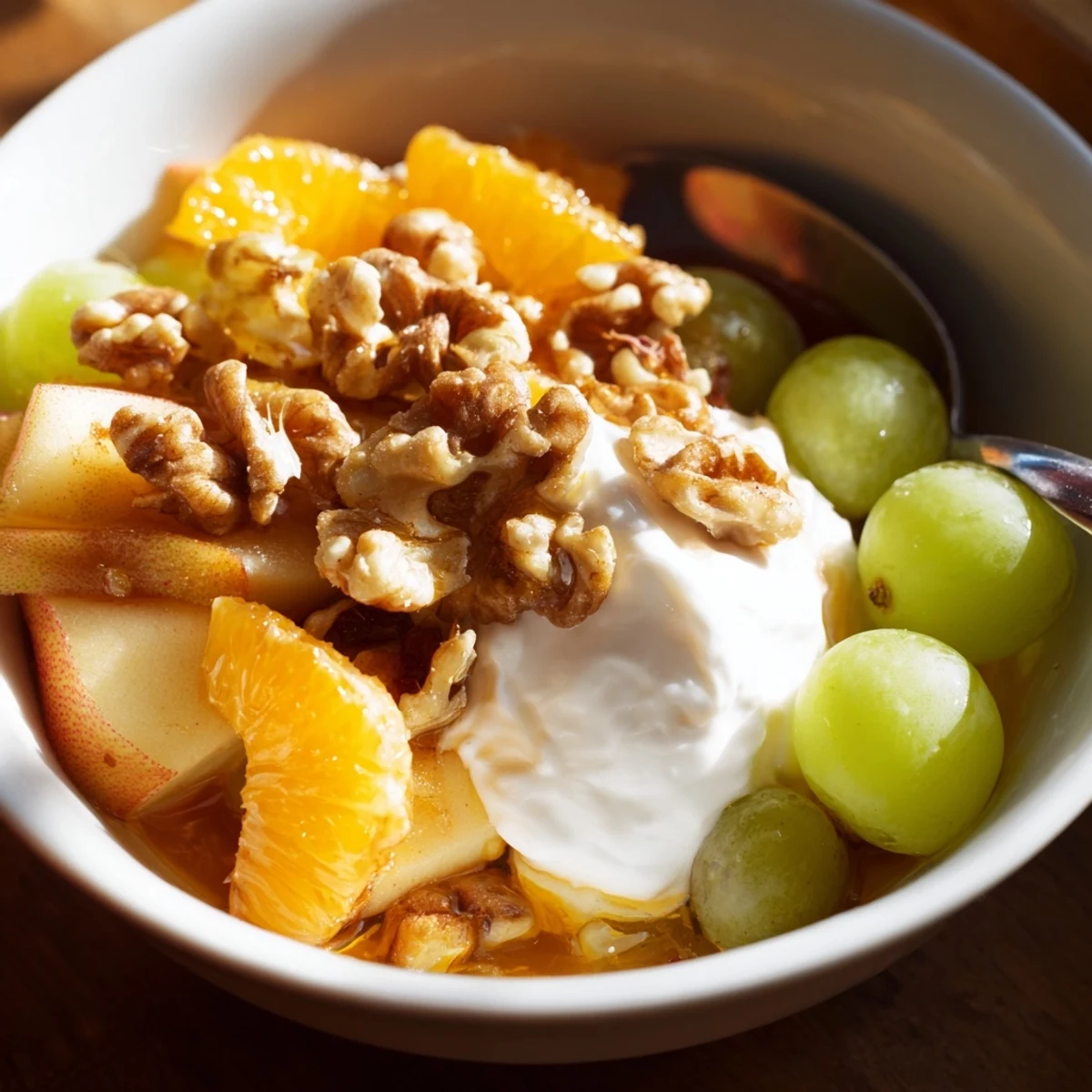 A warm bowl of Spiced Fruit with Cinnamon, topped with walnuts and Greek yogurt.