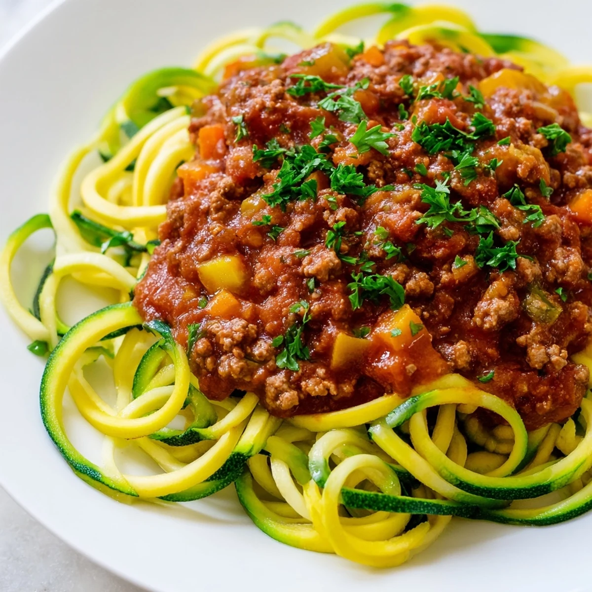 Steamed turkey Bolognese sauce with spiralized zucchini noodles, garnished with fresh parsley in a white bowl.