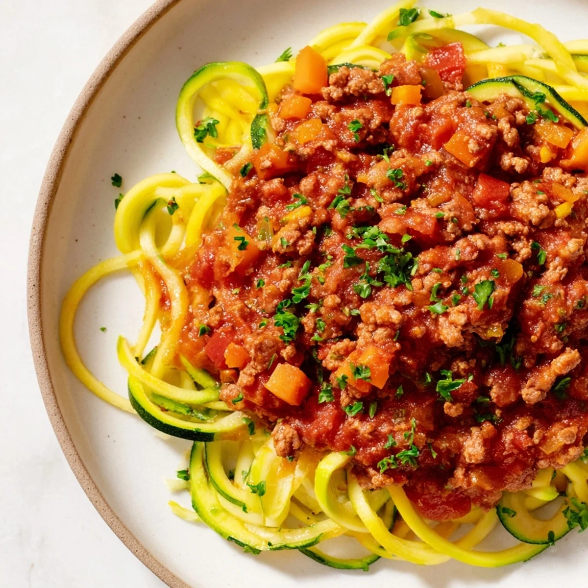 A hearty bowl of turkey Bolognese sauce ladled over spiralized zucchini noodles for a low-carb Italian meal.