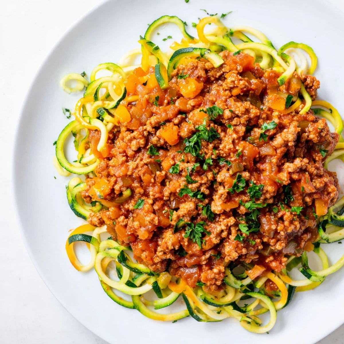 Freshly cooked spiralized zucchini noodles topped with rich, simmered turkey Bolognese and chopped parsley garnish.