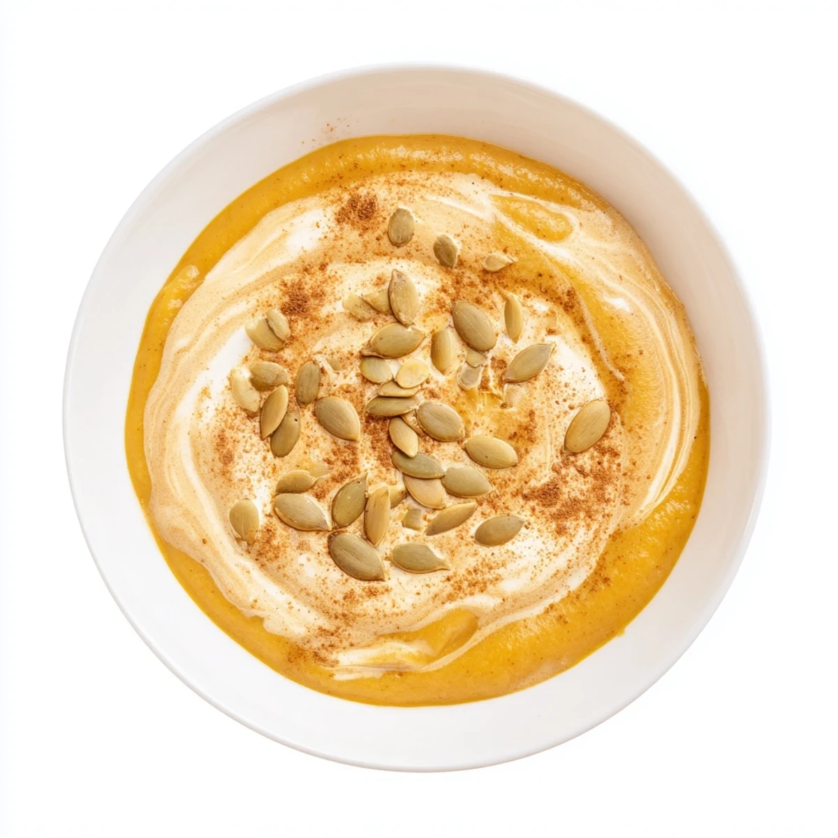 Creamy Pumpkin Soup with Toasted Pumpkin Seeds garnished with chopped parsley and a rustic spoon on a wooden table.