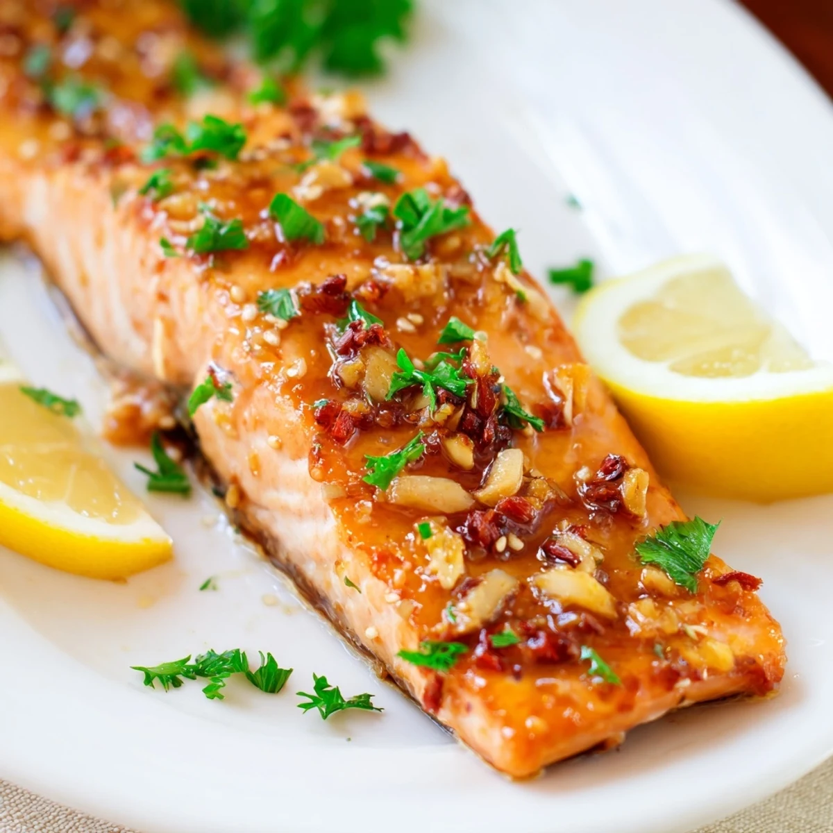 Perfectly baked salmon fillets glistening with a sticky honey garlic soy glaze, garnished with fresh parsley and lemon wedges.