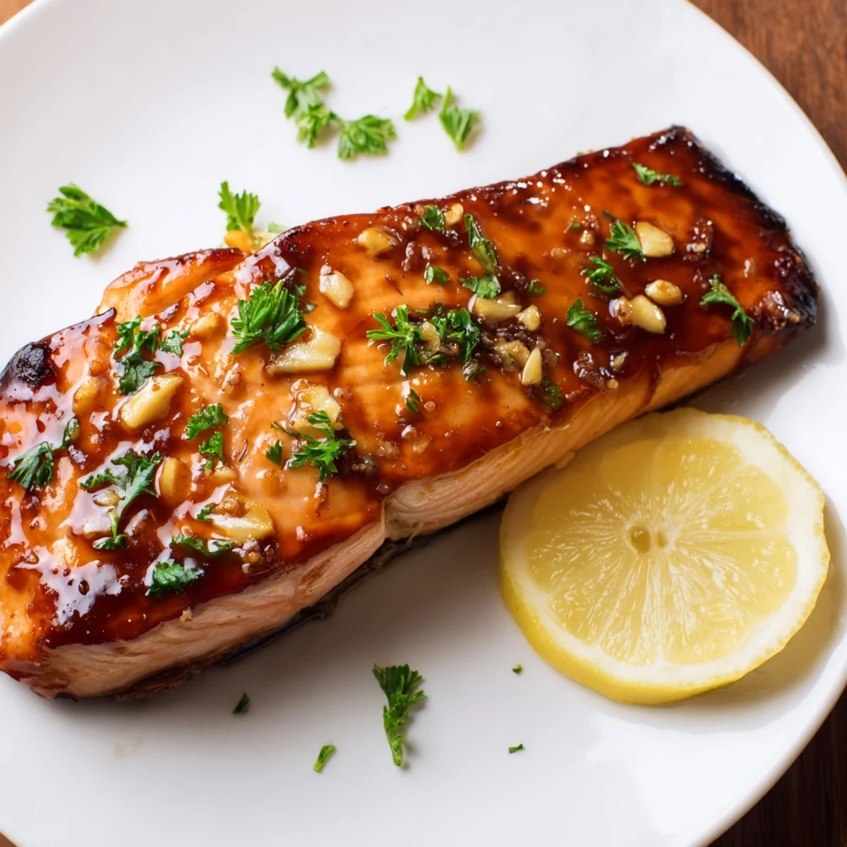 Golden brown salmon fillets brushed with a glossy honey garlic soy sauce, finished with fresh herbs for a vibrant presentation.