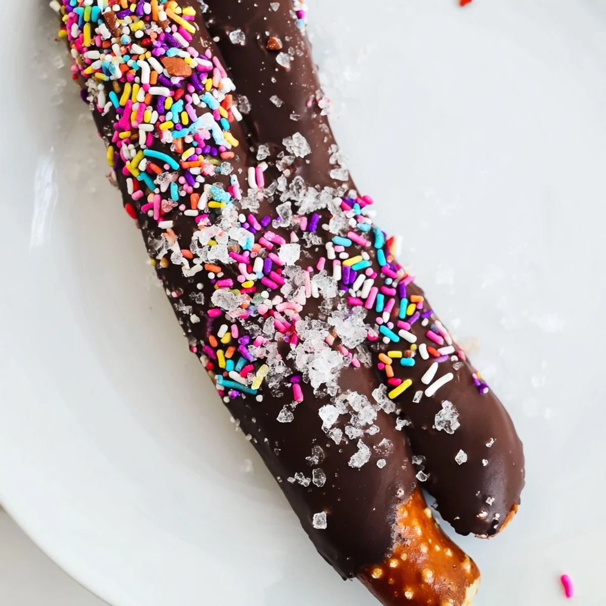 Homemade Chocolate Dipped Pretzels with Sea Salt and Sprinkles arranged for gifting on a tray, ready to serve.