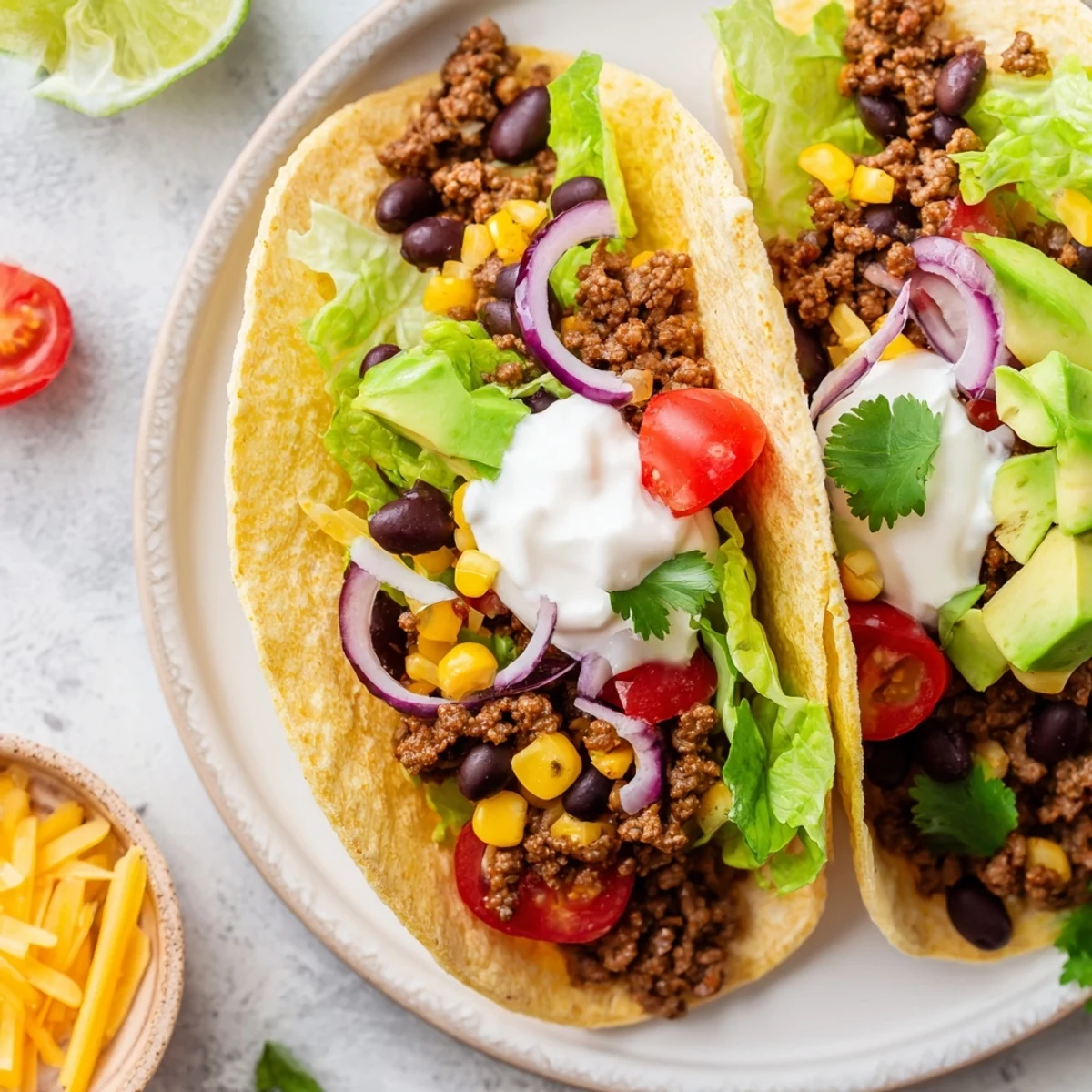 A crispy baked flour tortilla shell holds seasoned ground beef, black beans, corn, and fresh lettuce in this Beef Taco Salad.
