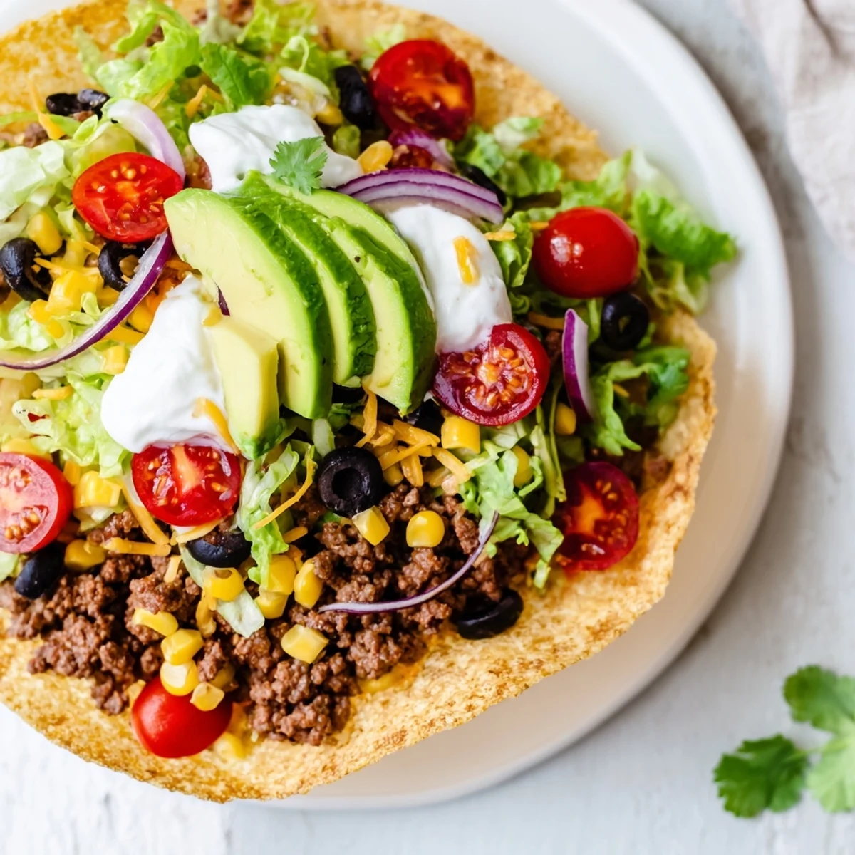 Sliced avocado, sour cream, and salsa top this hearty Beef Taco Salad, served fresh with lime for a zesty finish.
