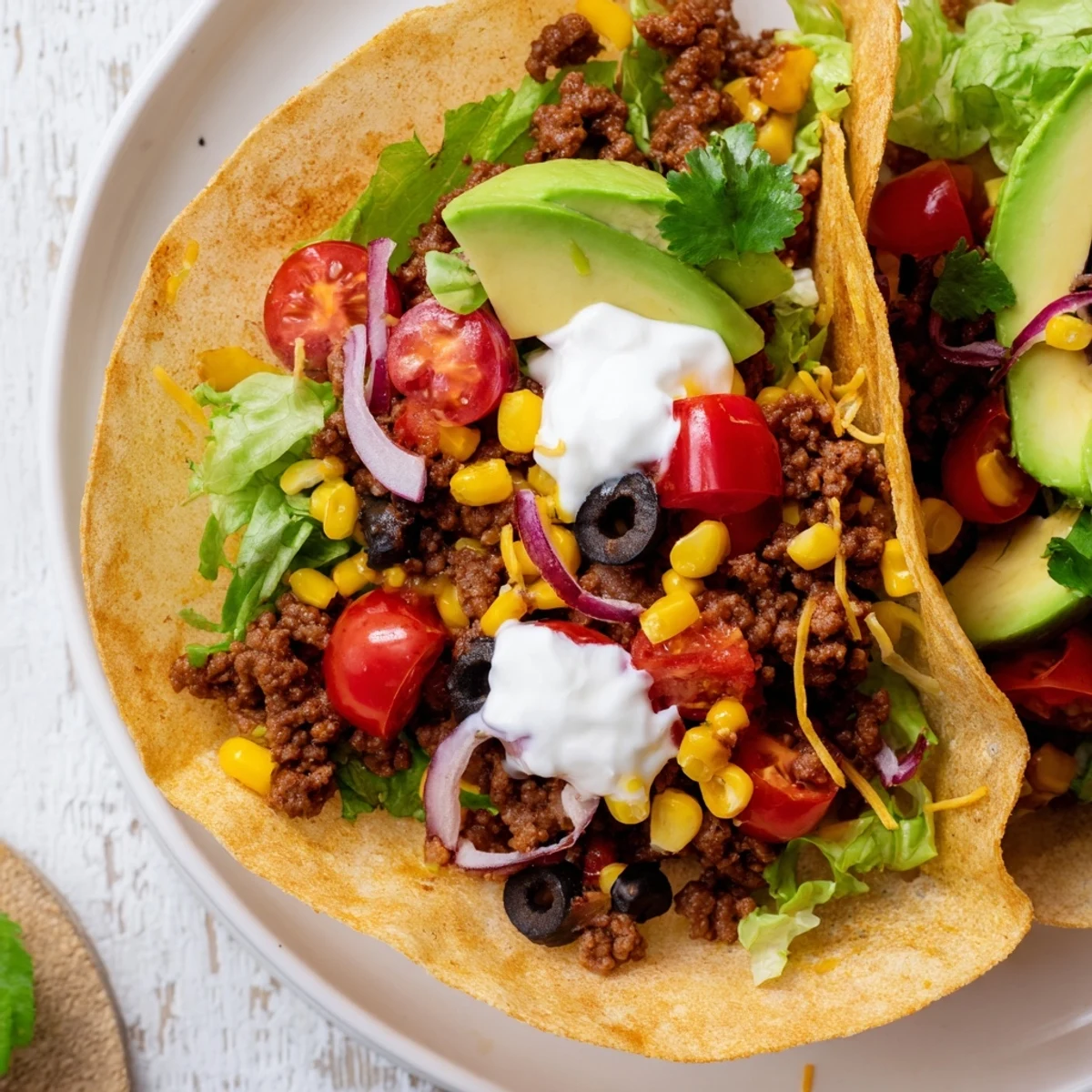 Golden, crunchy shell filled with savory ground beef, cherry tomatoes, cheddar cheese, and red onion for a classic Beef Taco Salad.