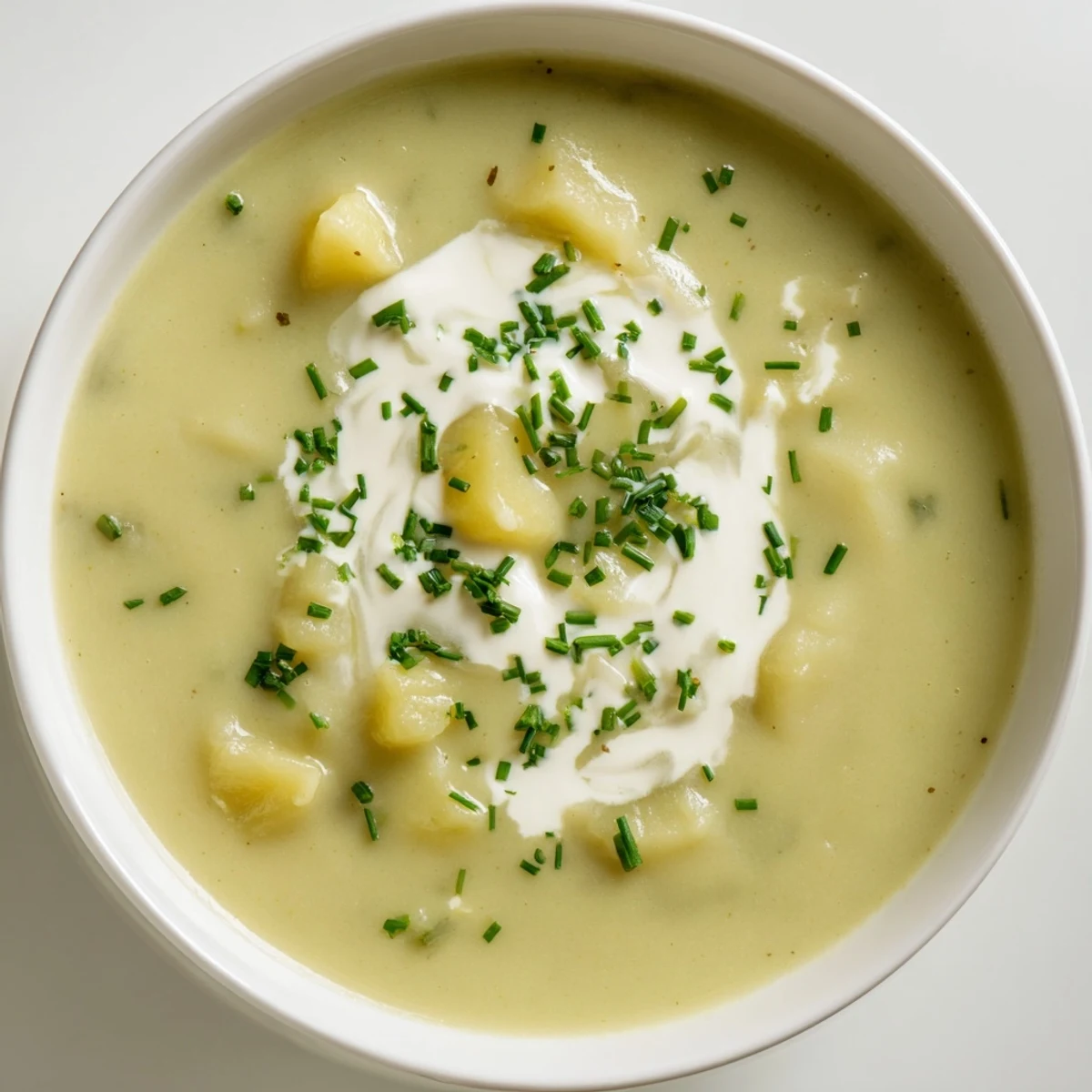 Creamy Leek Soup with Diced Potatoes in a rustic bowl, garnished with fresh chives and a drizzle of cream.