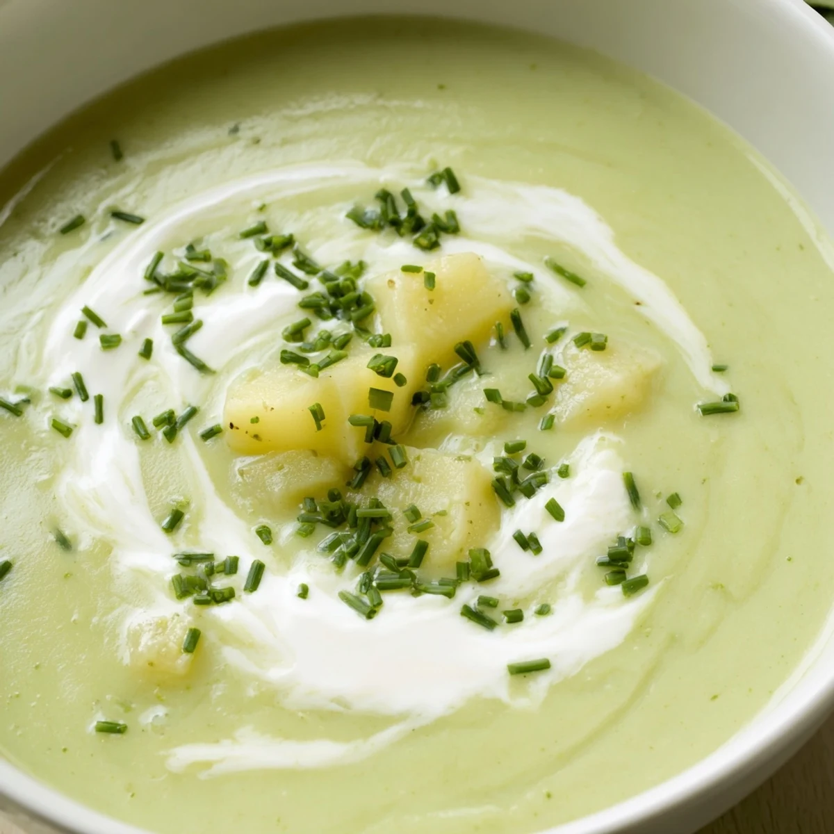 Top-down view of Creamy Leek Soup with Diced Potatoes served in white ceramic, garnished with fresh chives and cracked pepper.