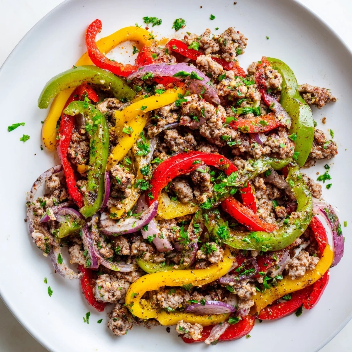Turkey Skillet with Bell Peppers sizzling with lean ground turkey, red, yellow, and green peppers, and onions in a hot pan.