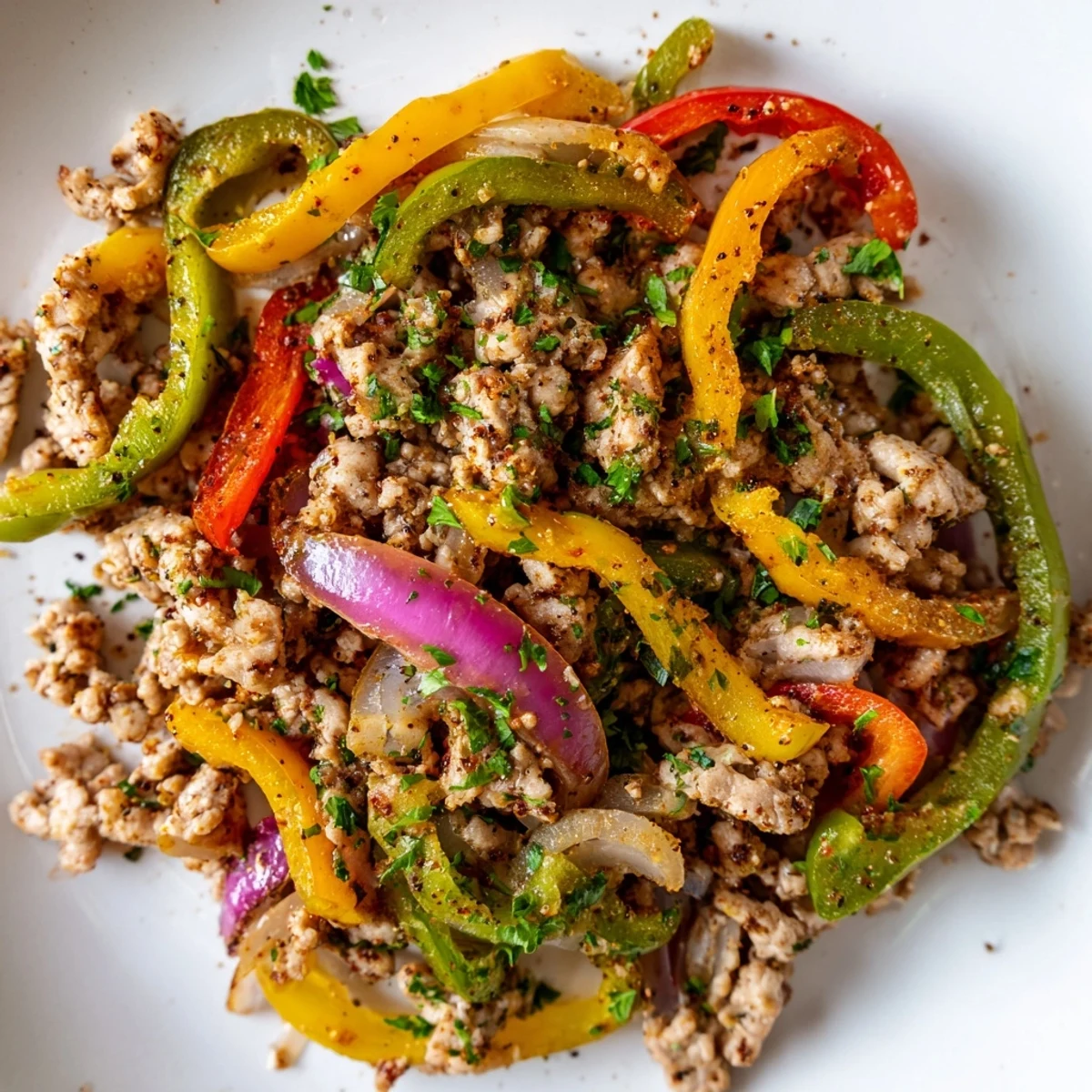 Sautéed ground turkey with vibrant bell peppers, garlic, and fresh parsley garnish, ready to serve from a black skillet.