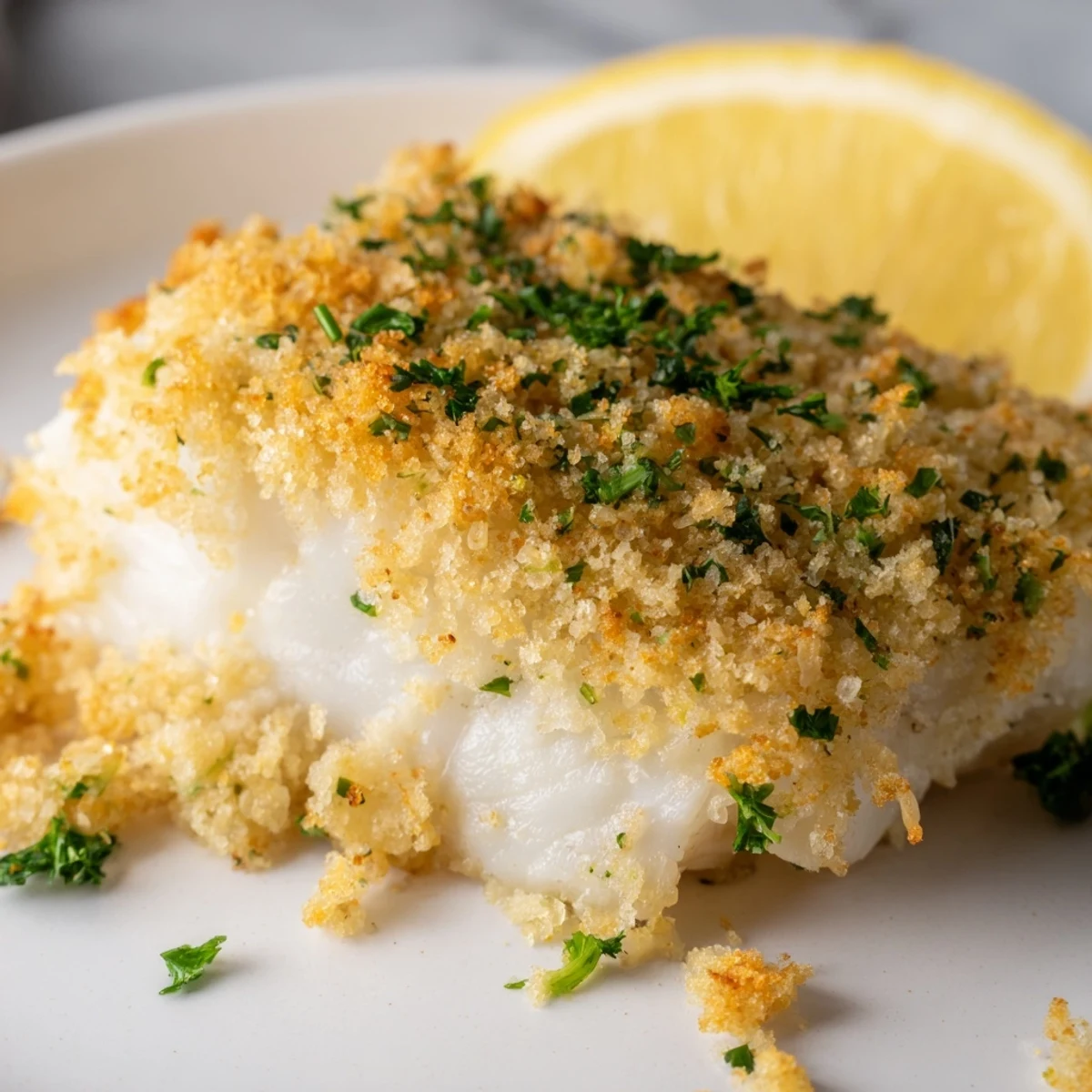 Golden Baked Haddock with Butter Breadcrumbs sits in a white baking dish, garnished with fresh parsley and served with lemon wedges on the side.