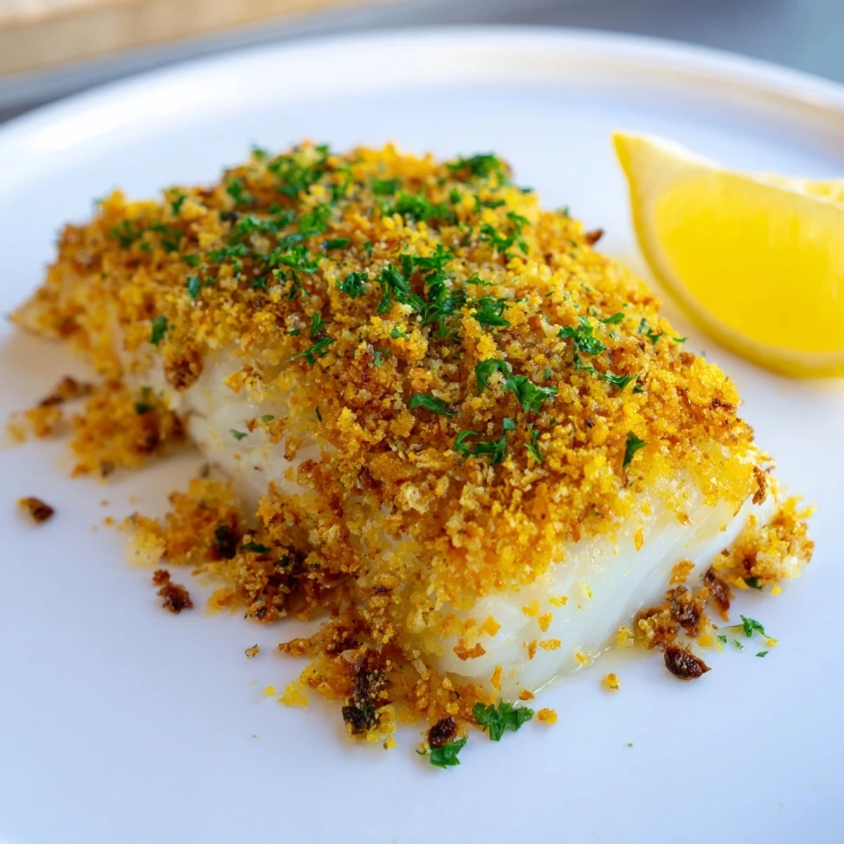 A close-up of crispy Baked Haddock with Butter Breadcrumbs highlights the flaky white fish and golden toasted topping on a rustic wooden table.