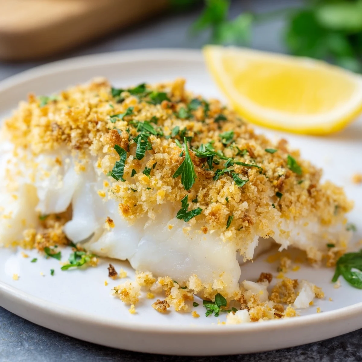 Freshly baked haddock with a buttery breadcrumb crust, garnished with lemon wedges and parsley, ready to serve as a main dish.