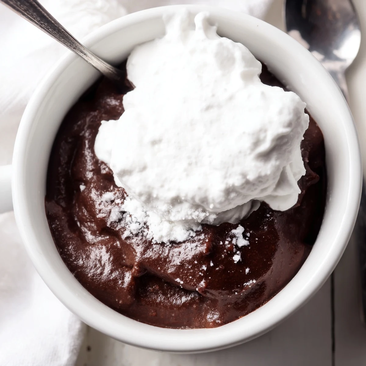 Rich, glossy chocolate pudding in a white ramekin, generously topped with fluffy homemade whipped cream, perfect for a comforting American dessert. 