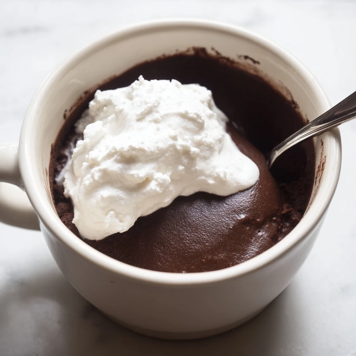 Dark chocolate pudding topped with a swirl of homemade whipped cream, set in a glass jar for an elegant dessert presentation.