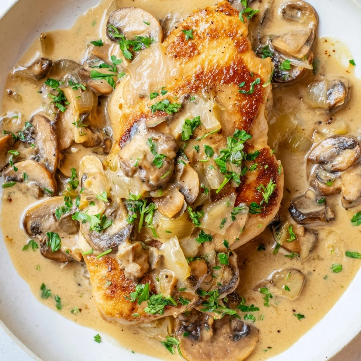 Golden-brown chicken breasts nestled in a creamy mushroom sauce, garnished with fresh parsley in a rustic skillet.