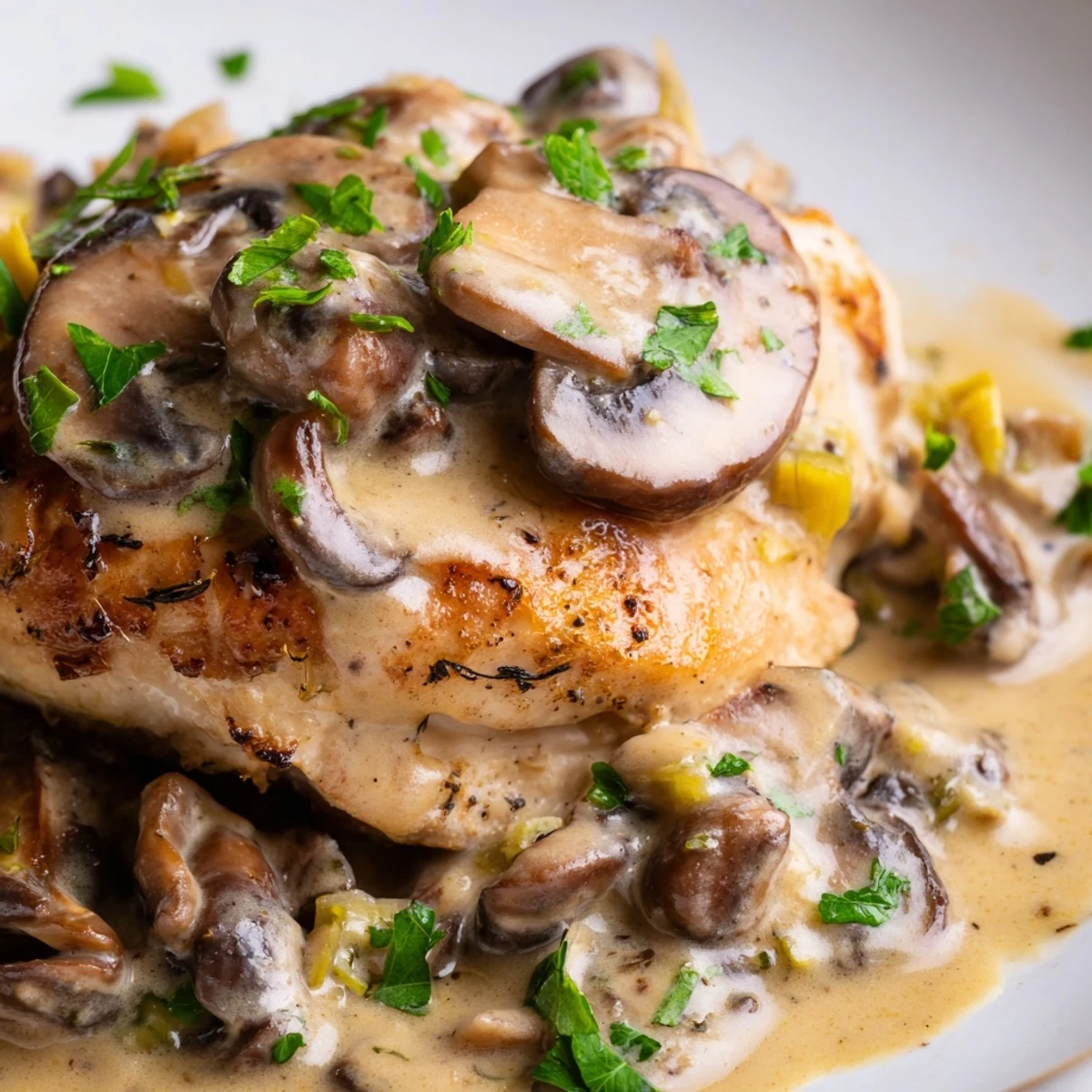 A comforting serving of creamy mushroom chicken, paired with parsley, ready to be enjoyed over steamed rice.