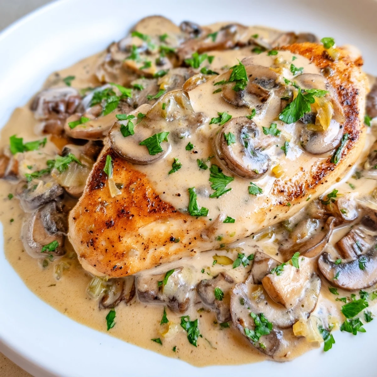 Tender chicken simmering in a rich garlic and thyme sauce with sautéed cremini mushrooms in a one-pan skillet.