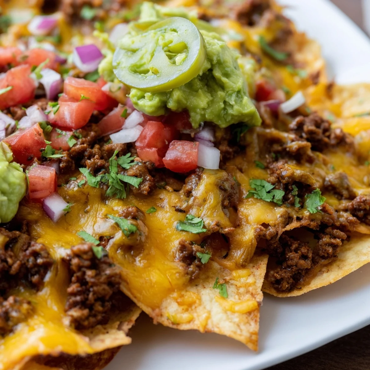 Crispy tortilla chips layered with savory spiced beef and melted cheese, topped with fresh guacamole for a Tex-Mex feast.