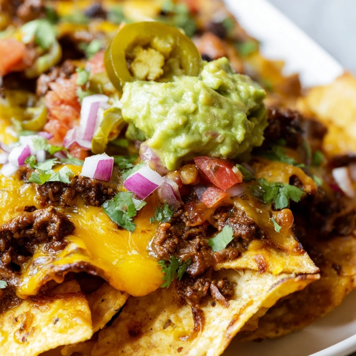 A close-up view of hot Beef Nachos with Guacamole, garnished with cilantro and ready to serve with sour cream.