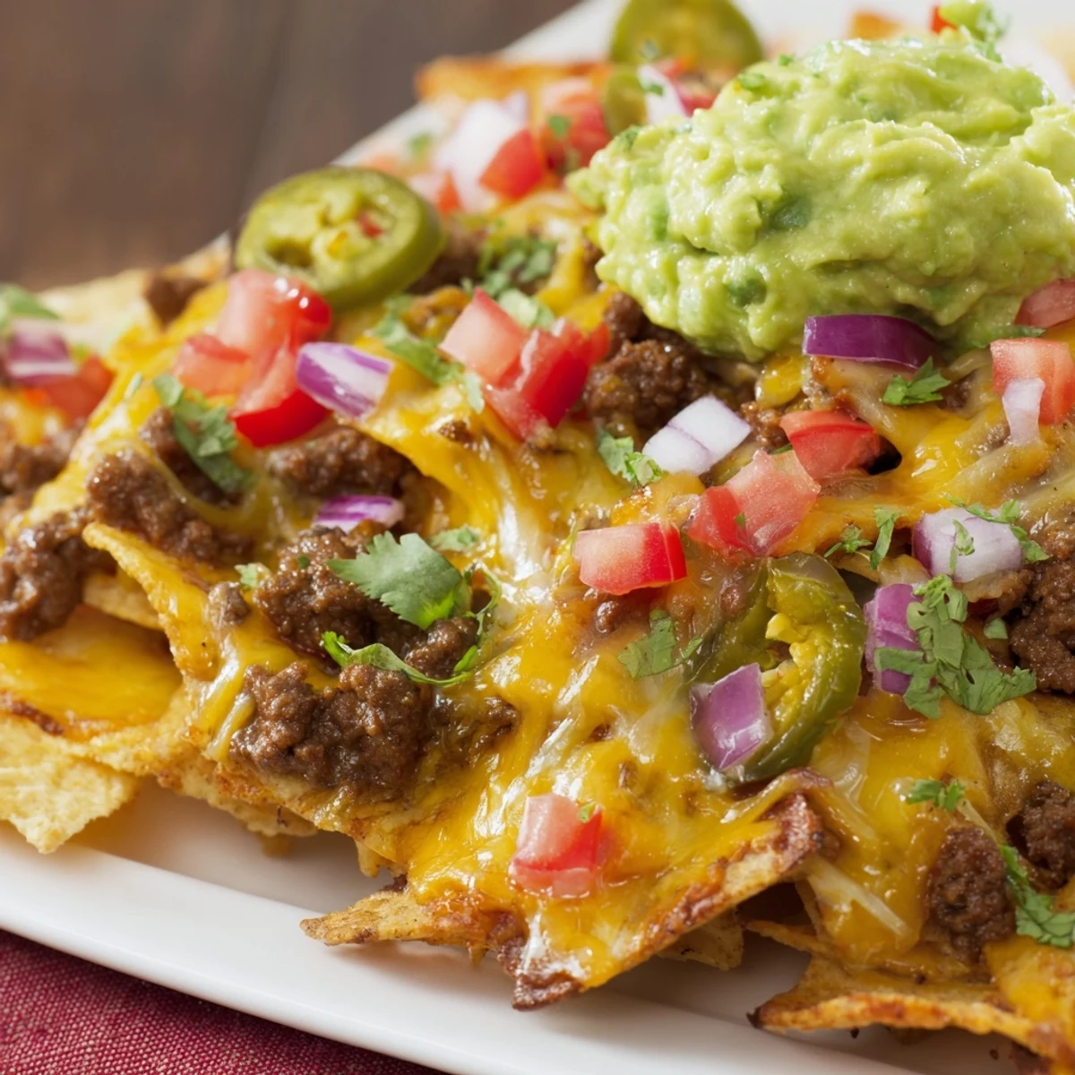 Golden baked tortilla chips loaded with seasoned ground beef, cheddar, and Monterey Jack, finished with creamy guacamole.