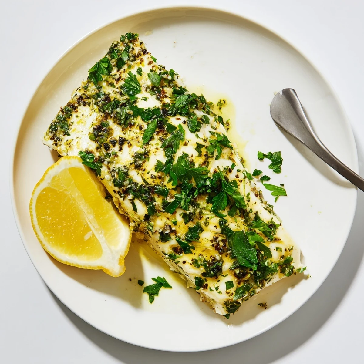 Perfectly baked halibut fillets with a golden garlic herb topping and a squeeze of fresh lemon.