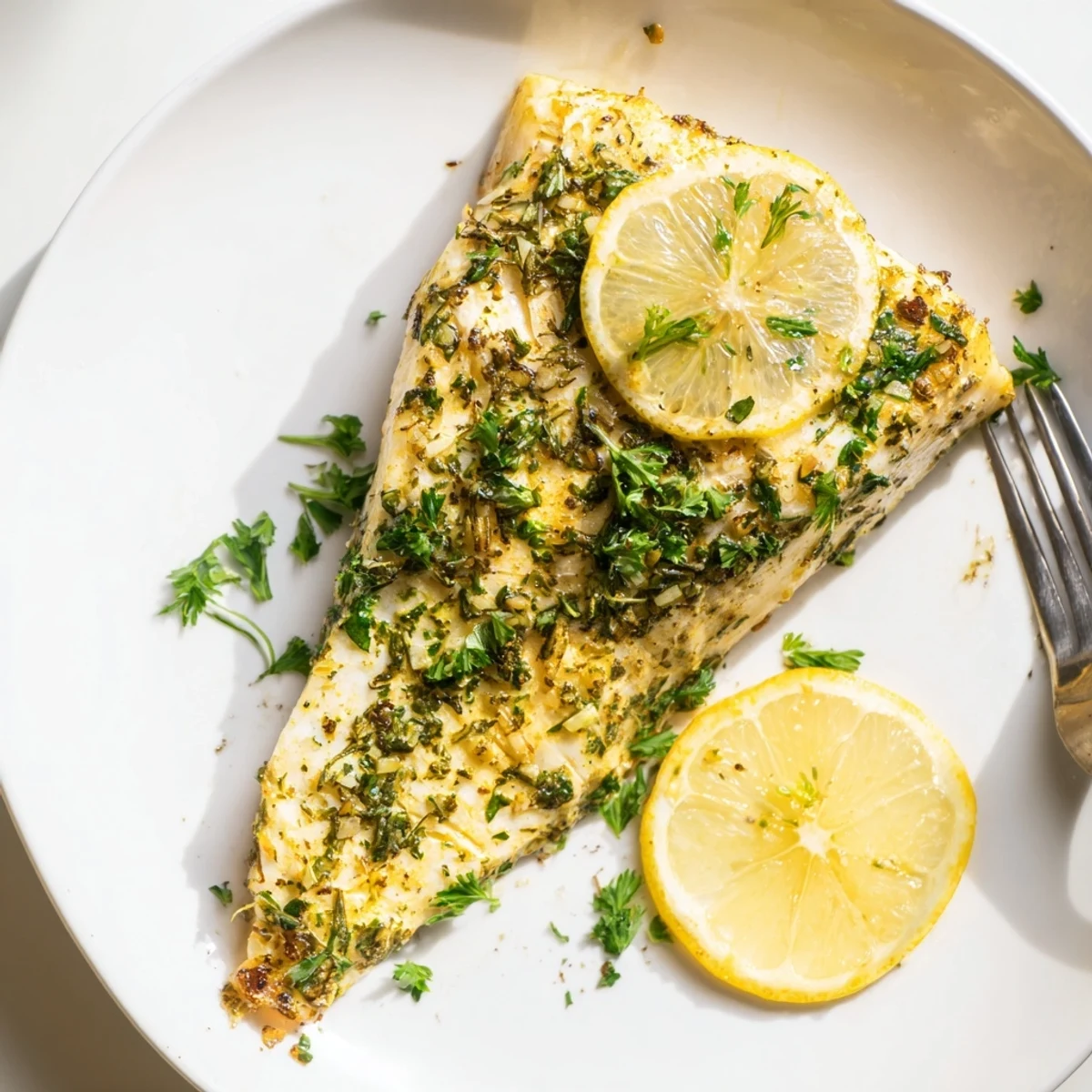 Golden-brown baked halibut with a buttery garlic topping, garnished with fresh parsley and lemon wedges.