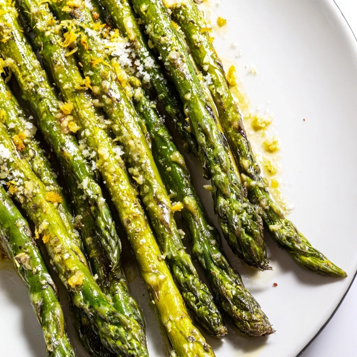 Fresh Lemon Garlic Roasted Asparagus arranged on a white plate with lemon zest and grated Parmesan.