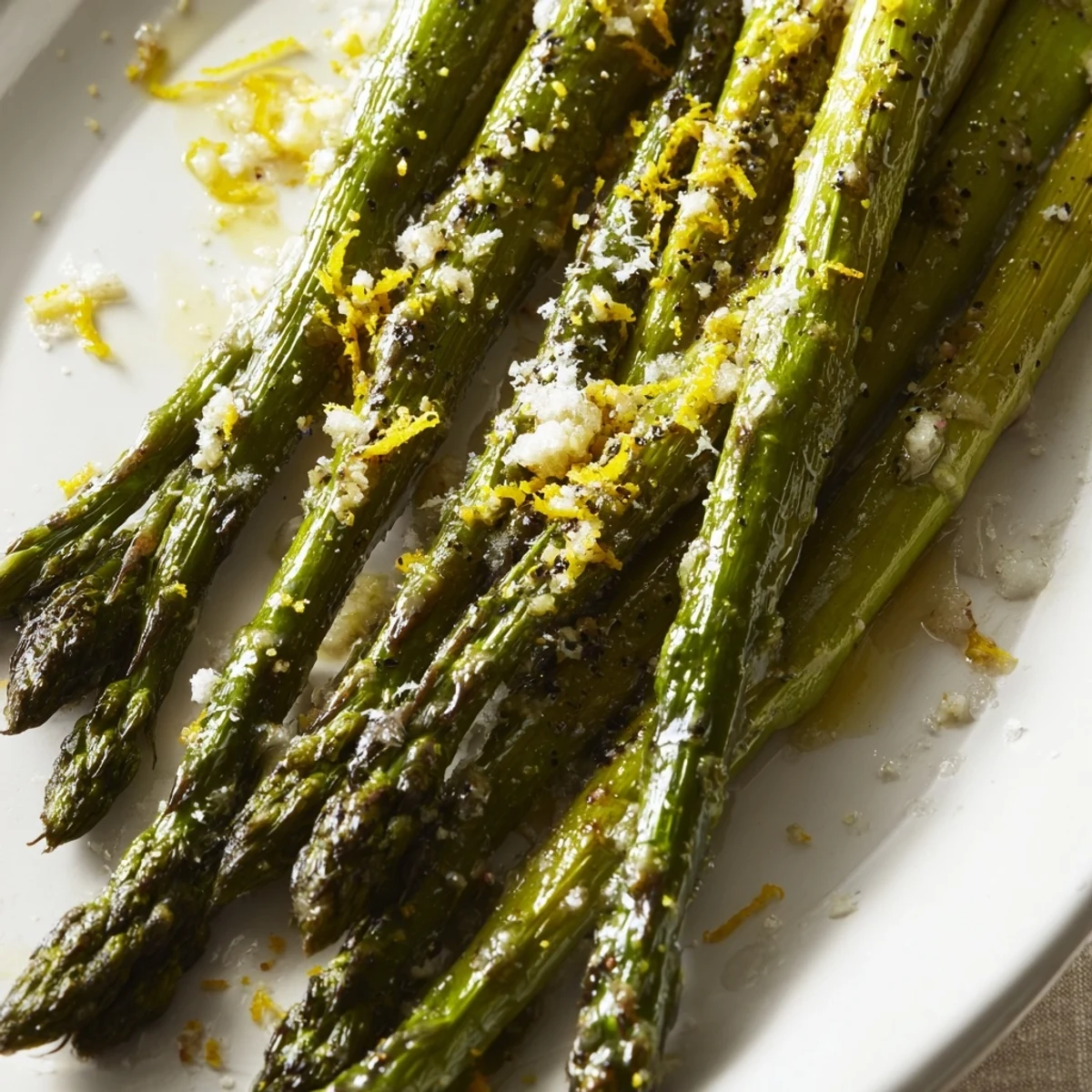 Golden roasted asparagus spears glisten with olive oil, lemon juice, and minced garlic on a baking sheet.