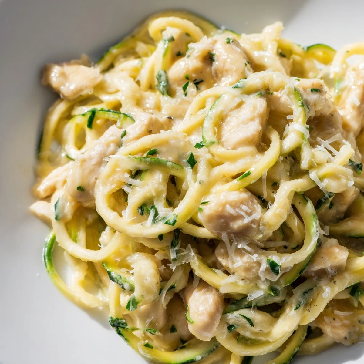 Creamy Chicken Alfredo with Zucchini Noodles served warm in a bowl, garnished with fresh parsley and extra Parmesan.