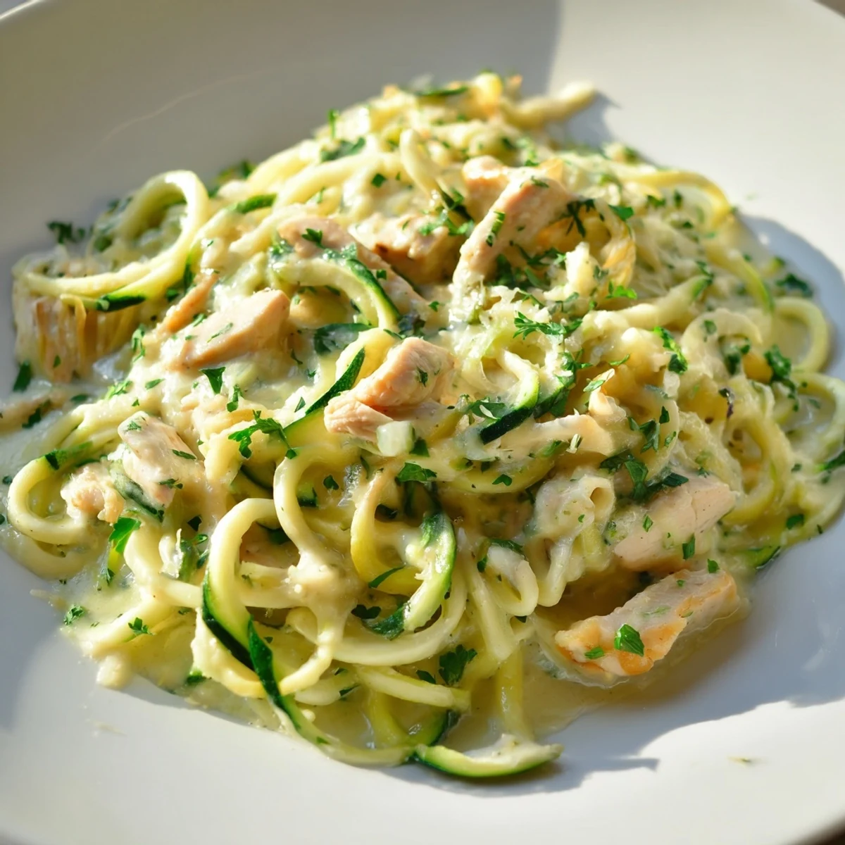 Low carb Chicken Alfredo with Zucchini Noodles plated alongside a crisp green salad for a wholesome dinner.