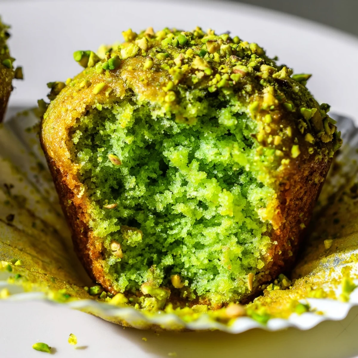 Golden-brown Green Pistachio Muffins with a tender crumb, ready to serve for an easy breakfast or snack.