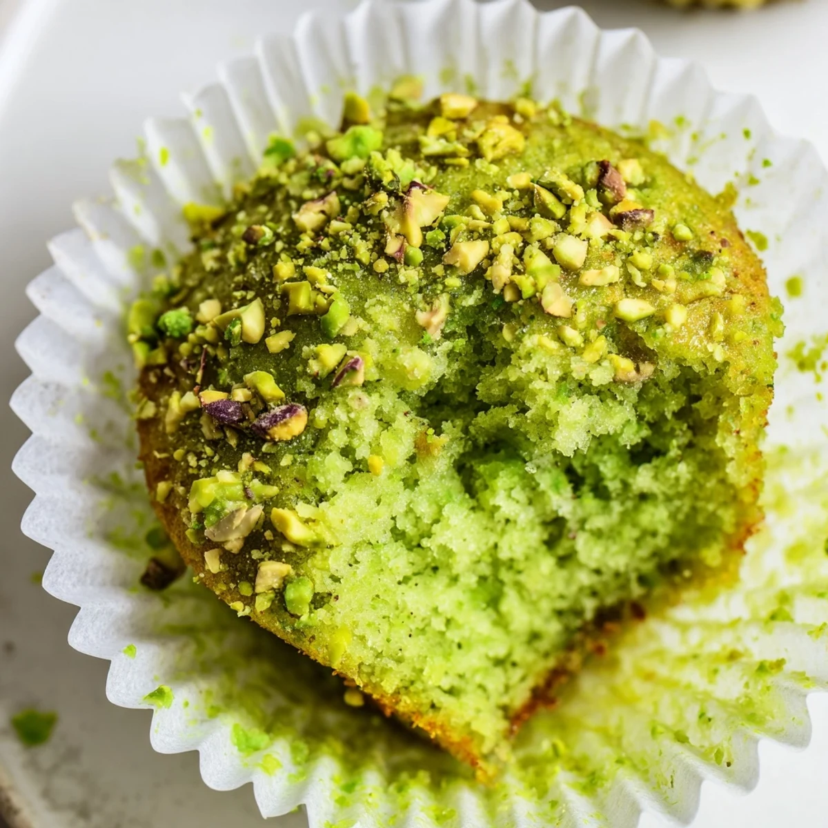 Freshly baked Green Pistachio Muffins cooling on a wire rack, showcasing a vibrant green hue and crumbly texture.