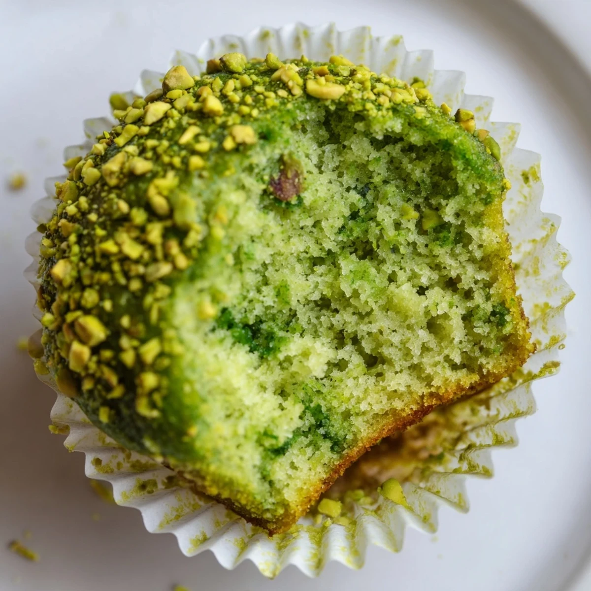 Moist and fluffy Green Pistachio Muffins topped with chopped nuts, arranged on a rustic wooden serving board.