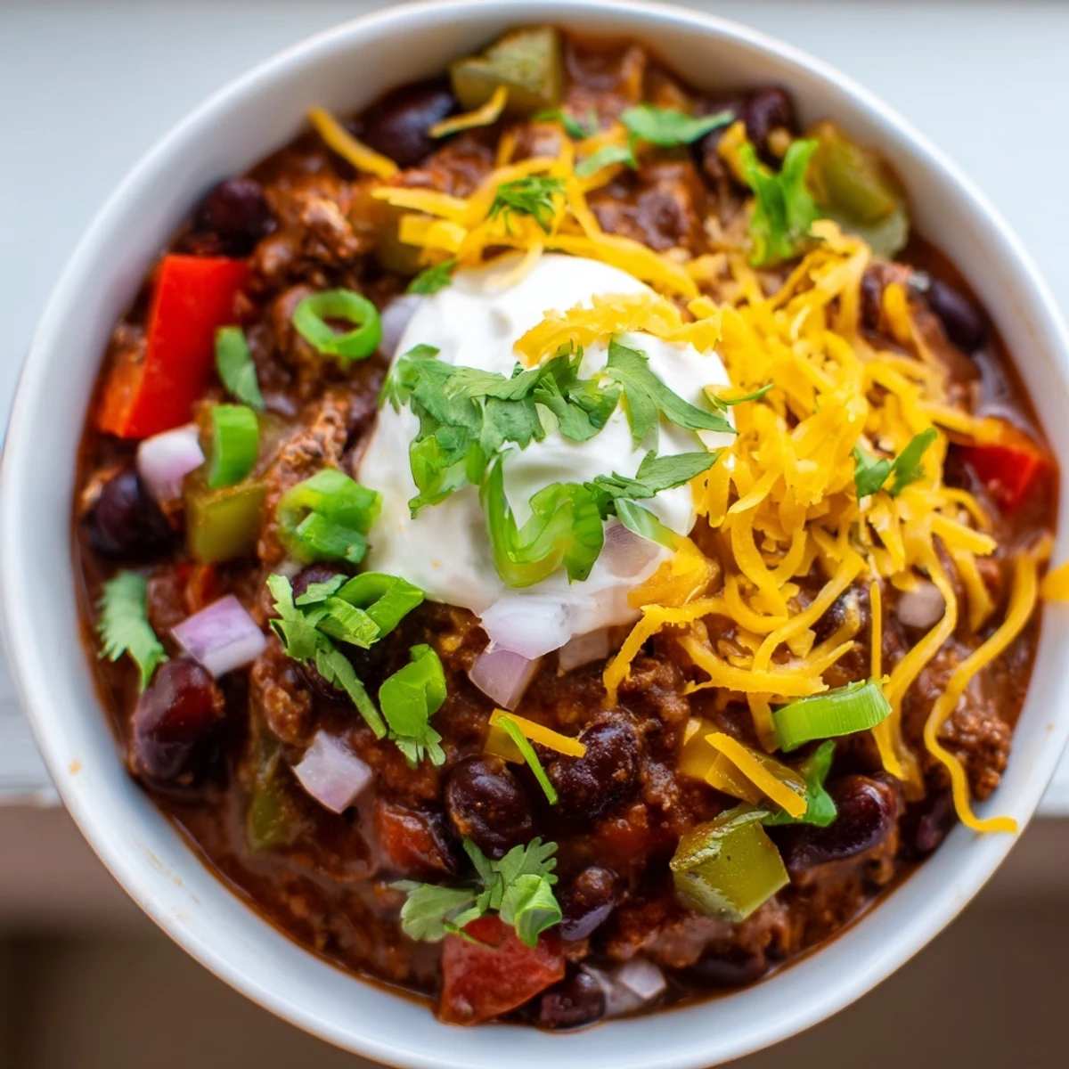 The End Zone Spicy Beef Chili, topped with shredded cheddar and a dollop of sour cream, is served in a rustic bowl.  
