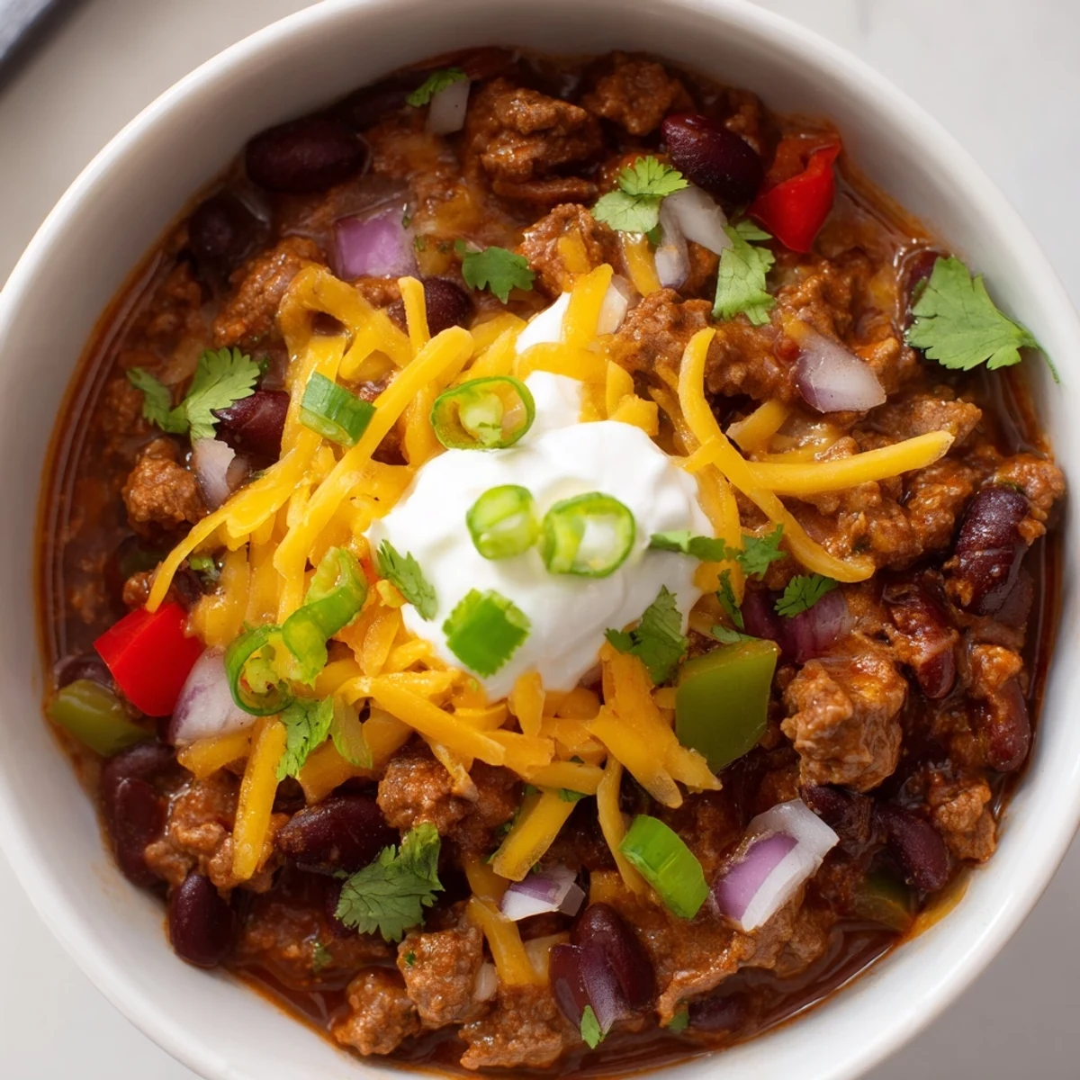A steaming bowl of End Zone Spicy Beef Chili features tender beef chunks, vibrant red and green peppers, and a rich, deep-red broth.  