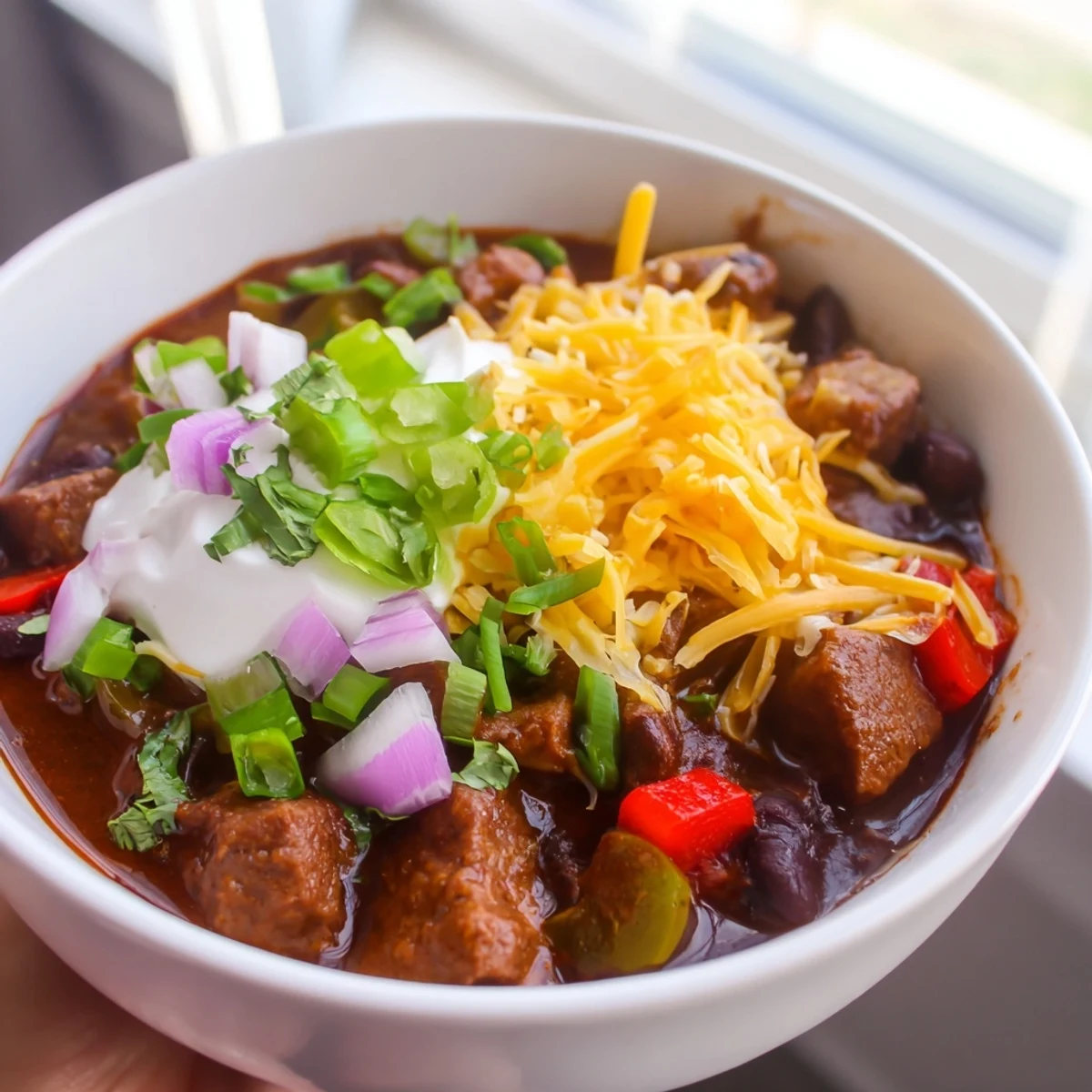 Thick, hearty End Zone Spicy Beef Chili with kidney and black beans, garnished with fresh cilantro, sits next to warm cornbread.