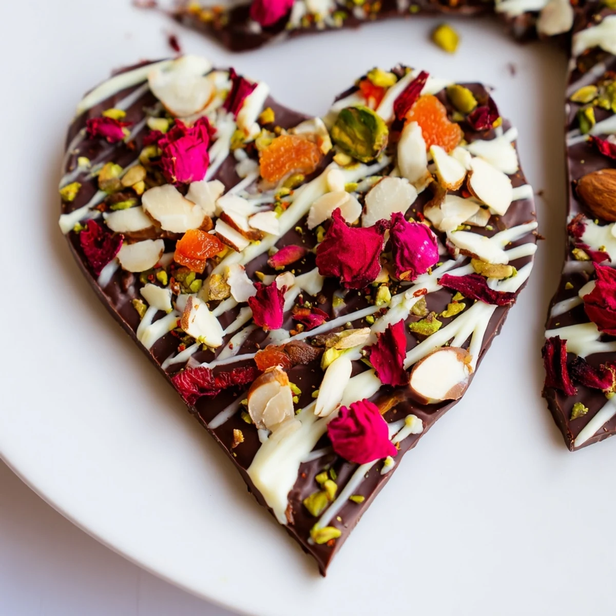 Crispy Valentine Chocolate Bark with Dried Fruit and nuts on a marble counter, ready to serve at a romantic party.