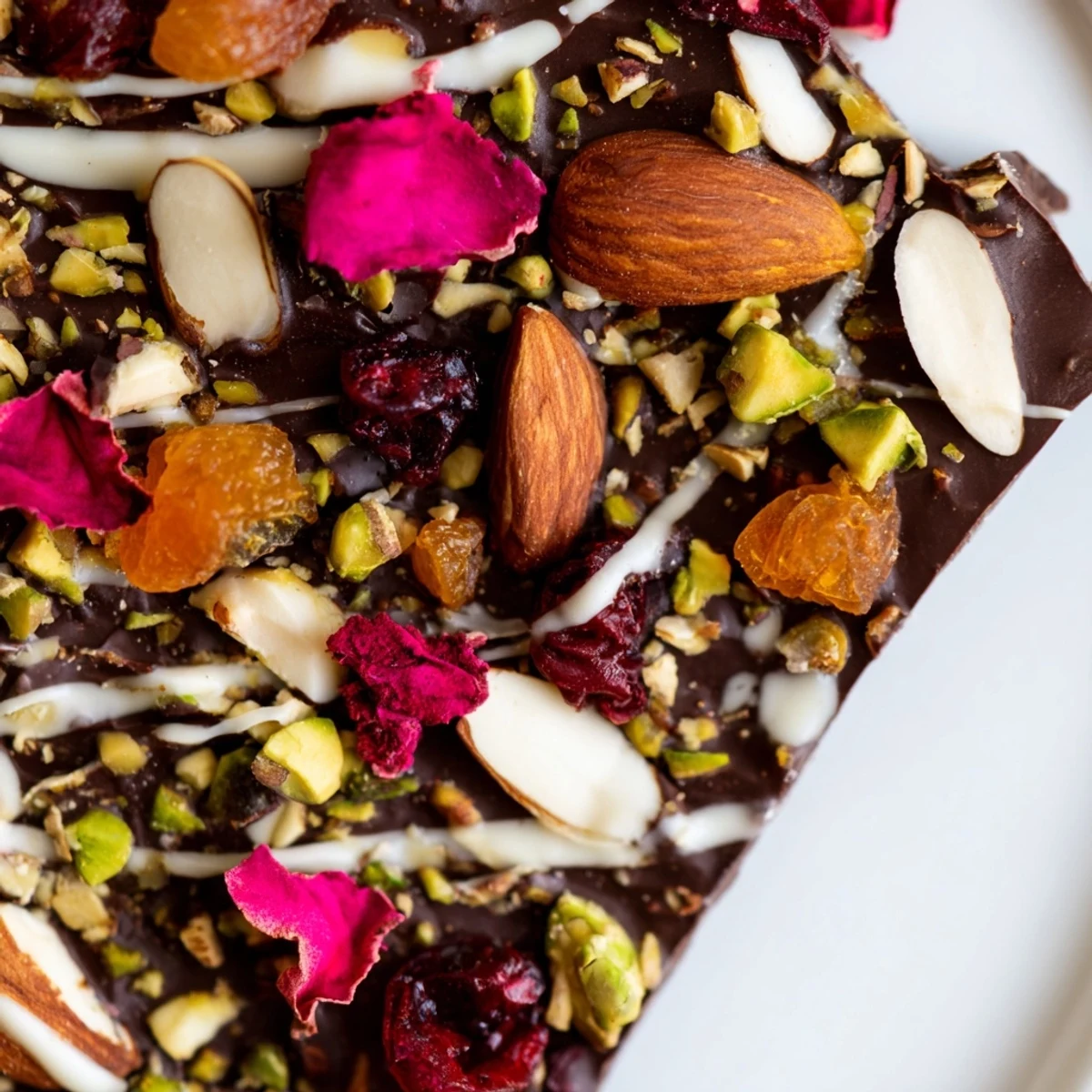 Broken pieces of Valentine Chocolate Bark with Dried Fruit showing glossy chocolate and colorful toppings for an easy homemade dessert.