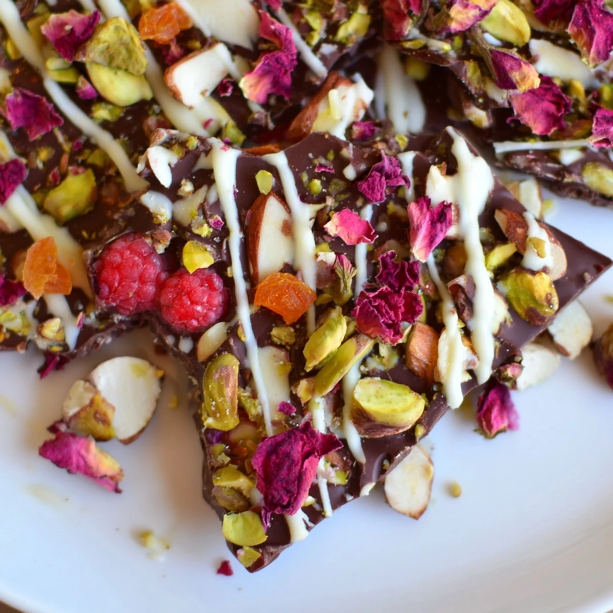 Valentine Chocolate Bark with Dried Fruit glistening with white chocolate drizzle, pistachios, almonds, and fresh berries on a platter.